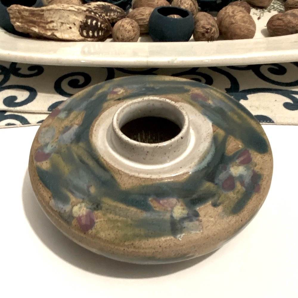 Artisan Hand-Painted Water Iris Ceramic Flower Frog Vase Artist Signed